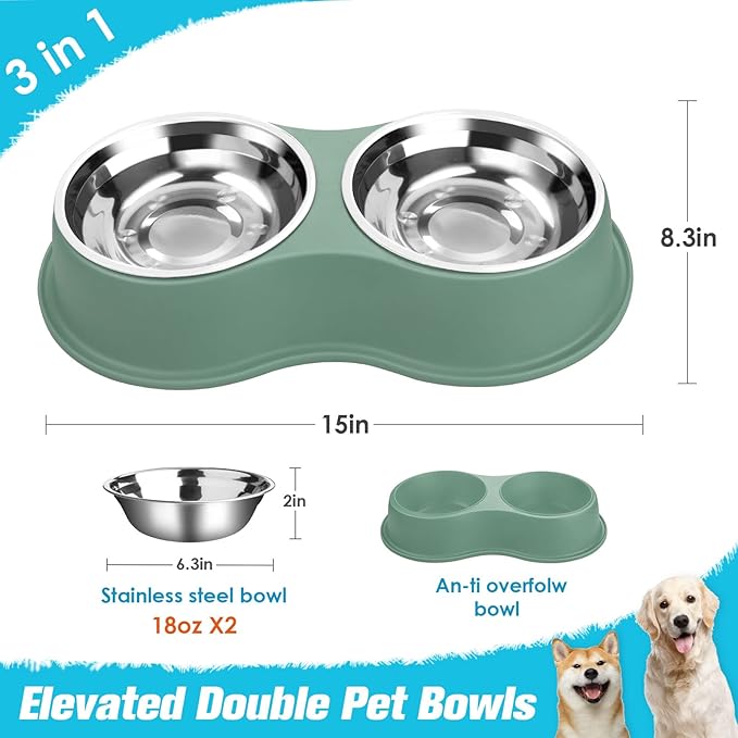 Dog Bowls Double Dog Water and Food Bowls Stainless Steel Bowls with Non-Slip Resin Station, Pet Feeder Bowls for Puppy Medium Dogs Cats