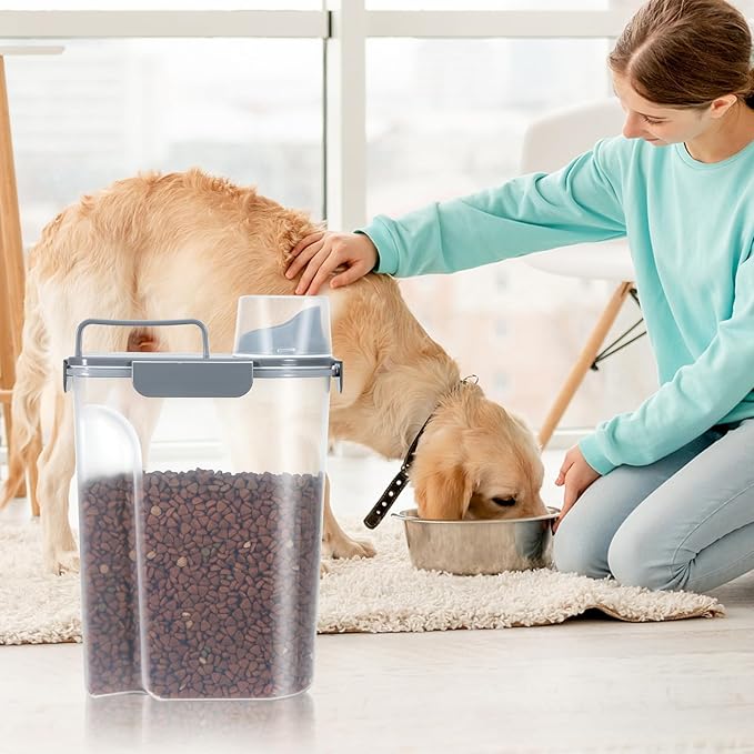 5-7Lbs Dog Cat Food Storage Container with Upgraded Large Nozzle BPA-free, 4 Snap Seals Plastic Pet Food Storage Containers with Handles (2, Gray Blue + Red, 5L)
