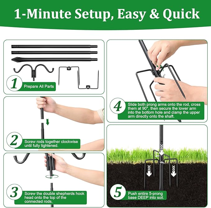 Double Shepherds Hooks for Outdoor, 94 Inch Adjustable Bird Feed Pole with 5 Prongs Base, Heavy Duty Shepherds Hook for Bird Feeder, Bird House, Light Plant, Wind Chime, Hummingbird Feeder, Lantern