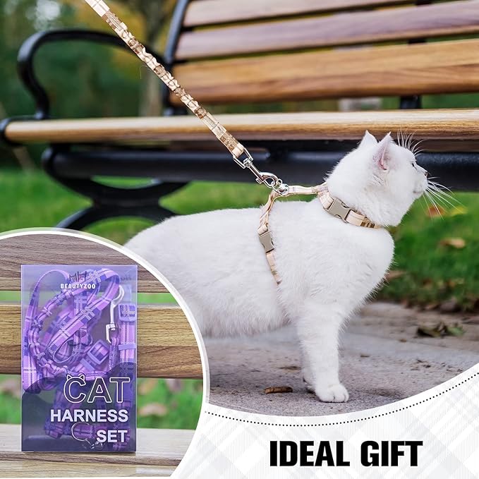 BEAUTYZOO Cat Harness and Leash Set Escape Proof for Walking, Kitten Soft Adjustable Vest Harnesses for Small Medium Large Cats, Easy Control Breathable Plaid Ribbon Nylon for Outdoor Indoor Use