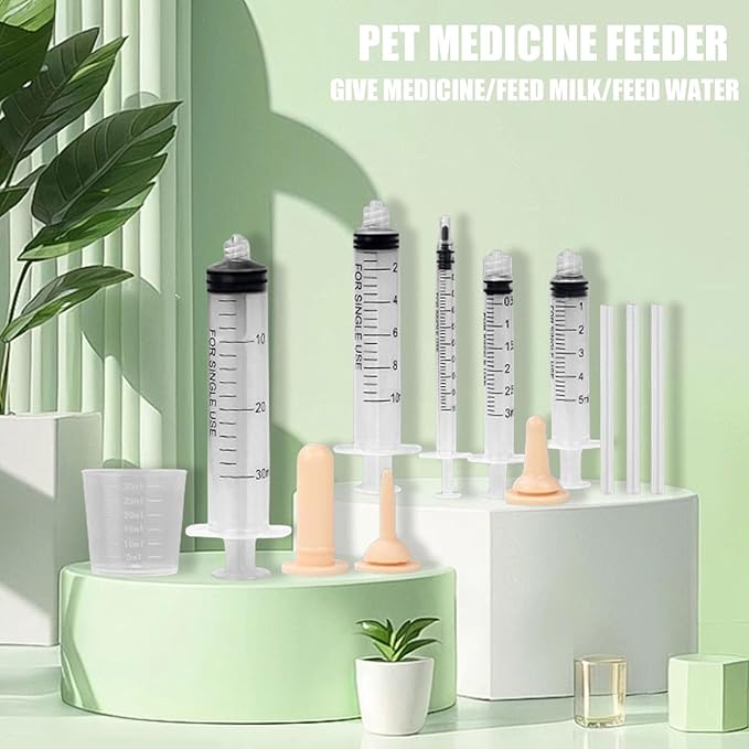 Suxgumoe Pet Feeding Bottle Set, Feeding Silicone Nipple with Bottle and Syringes, Reusable Pet Nursing Kits Feeding Tools for Rabbits, Small Animals (3 Nipples+5 Syringes + 1 Measuring Cup)