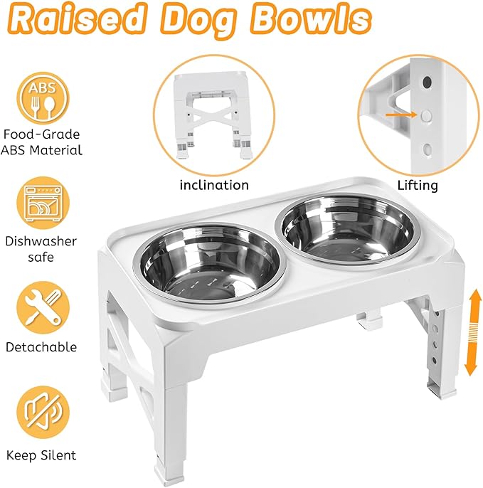 Elevated Dog Bowls with 2 Stainless Steel Food & Water Raised Bowls with No Spill Edge Non-Slip Stand Adjusts to 5 Heights(3.2", 8.77", 9.9",11.1", 12.3") for Small Medium Large Dog and Pet White