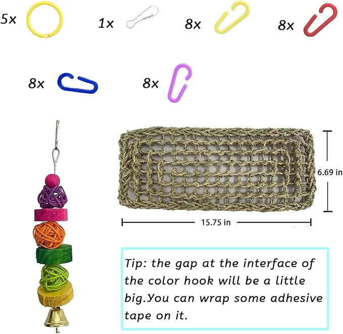 kathson Bird Seagrass Mat,Birds Swing Toy,Natural Grass Handmade Woven Hammock Hanging Parrot Lounger with Colour Toys for Lovebird,Cockatiel,Canary,Parakeets,Finch,Budgie (2 Pcs)