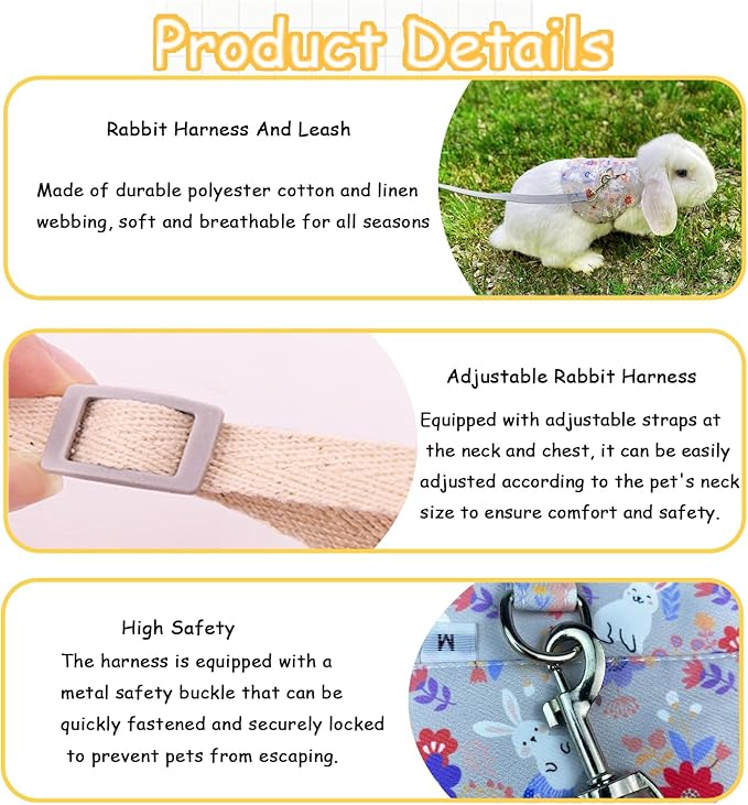 2-Pack Small Pet Harness & Leash Set – Soft, Adjustable Vest for Rabbits, Kittens, Squirrels & More (Grey, M)