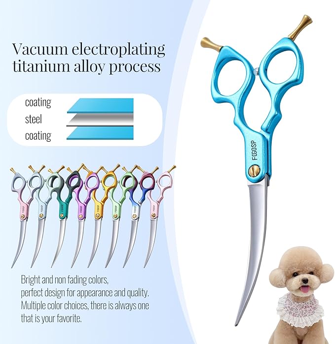 Professional Curved Dog Grooming Scissors with Sharper Self Grinding lightweight and finely trimmed split structure 6.5'' Japan VG10 63HRC for small dogs cat pet(Blue)