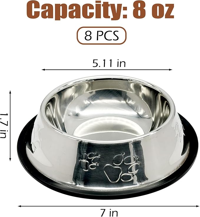 Fhiny 8Pcs Stainless Steel Dog Cat Bowl with Rubber Base Pet Food and Water Feeder Bowls Stackable Non-Slip Dish Plate for Small Medium Animals Puppy Kitten Rabbit-Two Paw Patterns