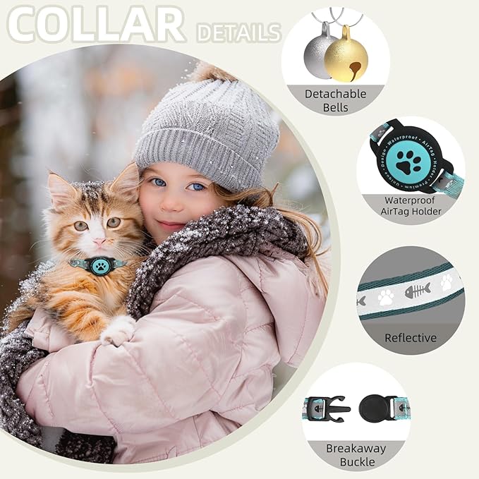 Waterproof Airtag Cat Collar, Reflective Cat Airtag Collar with Bell, Breakaway Cat Collar AirTag Holder, Lightweight Kitten Collar for Apple Air tag, Cat GPS Collars for Girl Boy Cats, Kitten (Teal)