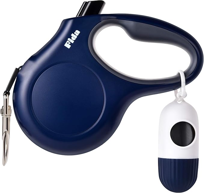 Fida Retractable Dog Leash with Dispenser and Poop Bags, 16 ft Pet Walking Leash for Medium Dog or Cat up to 44 lbs, Anti-Slip Handle, Tangle Free, Reflective Nylon Tape (M, Navy Blue)