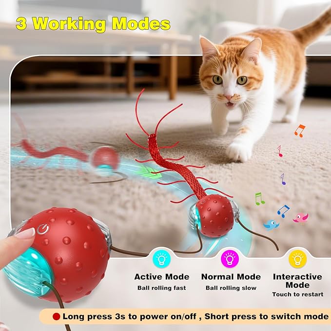 Interactive Cat Toys for Indoor Cats, Moving Cat Ball with Tail, Fast Rolling on Carpet, Chirping & Motion Activate