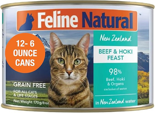 Feline Natural New Zealand Canned Catfood Wet Food, High-Meat, Low-Carb, & Grain Free Cat Food Wet, Beef & Hoki Feast, 6 oz, Pack of 12