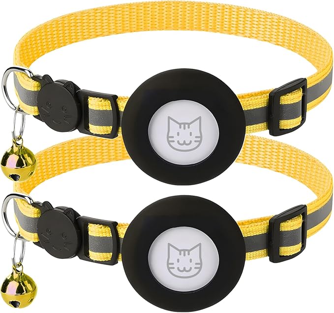 2 Pack Airtag Cat Collar with Bell, Reflective Nylon Kitten Collar with Apple Air Tag Holder and Breakaway Safety Buckle for Puppy Girl Boy Cats, 3/8" in Width and Lightweight, Yellow