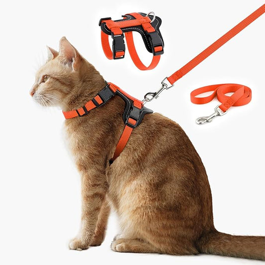Plutus Pet Adjustable Cat Harness and Leash Set, Quick Release, Escape Proof Nylon Vest with Leather Trim for Kitten, Small Medium Large Cats, Orange