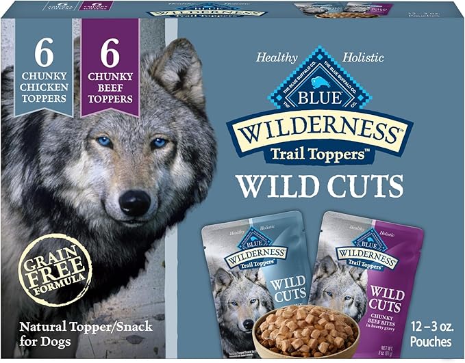 Blue Buffalo Wilderness Trail Toppers Wild Cuts Wet Dog Food Variety Pack, High-Protein & Grain-Free, Made with Natural Ingredients, Chicken and Beef Flavors, 3-oz Pouches, (12 Count, 6 of Each)