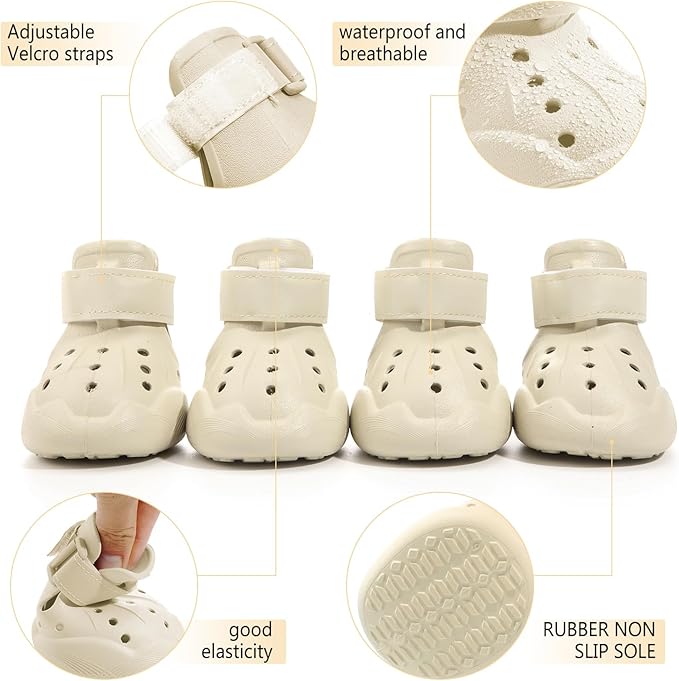 Dog Shoes, Dog Sandals for Hot Pavement, Non-Slip Waterproof Dog Booties for Winter Snowy Day and Summer, Adjustable Straps Easy-Clean Beach Outdoor Pet Boots Rugged Sole-4Pcs Beige