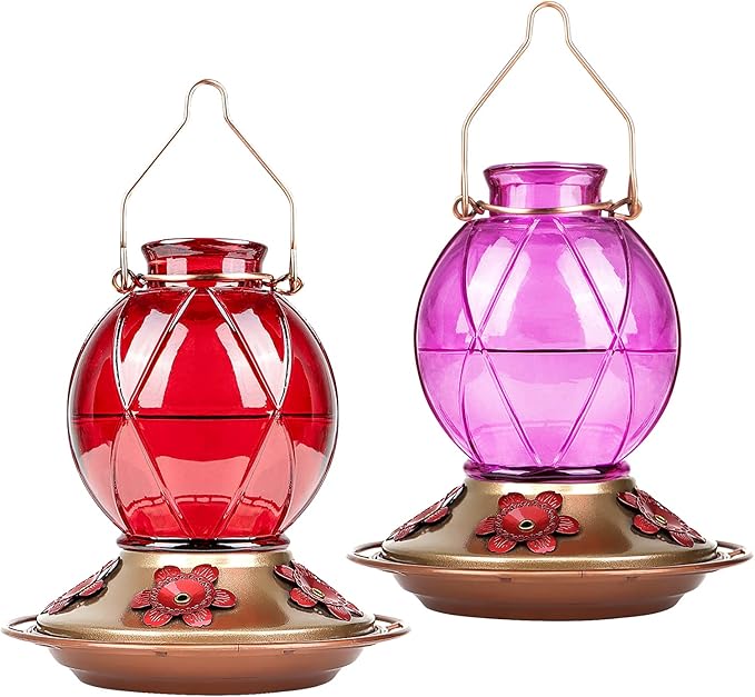 BOLITE Hummingbird Feeder, Glass Hummingbird Feeders for Outdoors Hanging, Five Feeding Ports, 20 Ounces, 2 Pack, Red and Purple, Birthday Gifts for Women Men, Gifts for Mom Dad