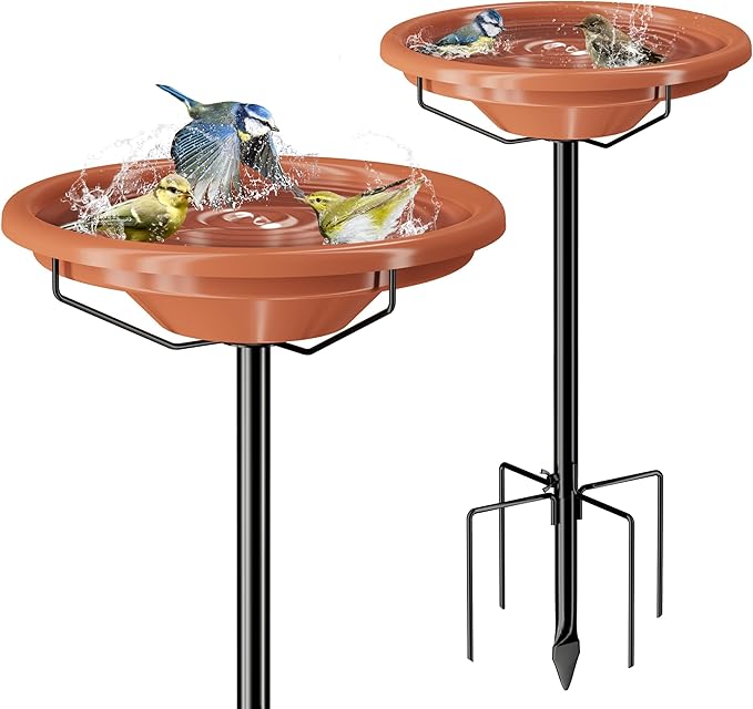 iBorn 36Inch Freestanding Bird Bath for Outside,12″ BPA-Free Plastic Bowl,Birdbaths with 3 Adjustable Height Pole,5-Prongs Base,Metal Pole and Plastic Bird Bath Bowl,Pack of 1（Not Include Fountain）