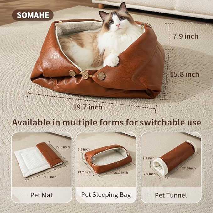Cat Beds for Indoor Cats Dog Bed for Small Dogs 5 in 1 Function - Leather Mats Bed Cave Pillow Pad for Puppy & Kitten Four-Season 27.5 * 35.4inch Brown