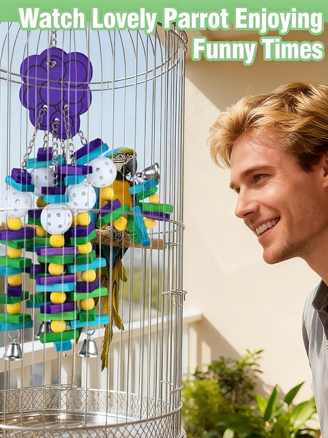 Large Bird Parrot Toys with Bells- Parrots Cage Chewing Toy Gift with Colorful Wood Blocks Beads- Bird Parrot Chewing Sticks Toys for Cockatoos African Grey Macaws and Amazon Parrots(Grape Style)