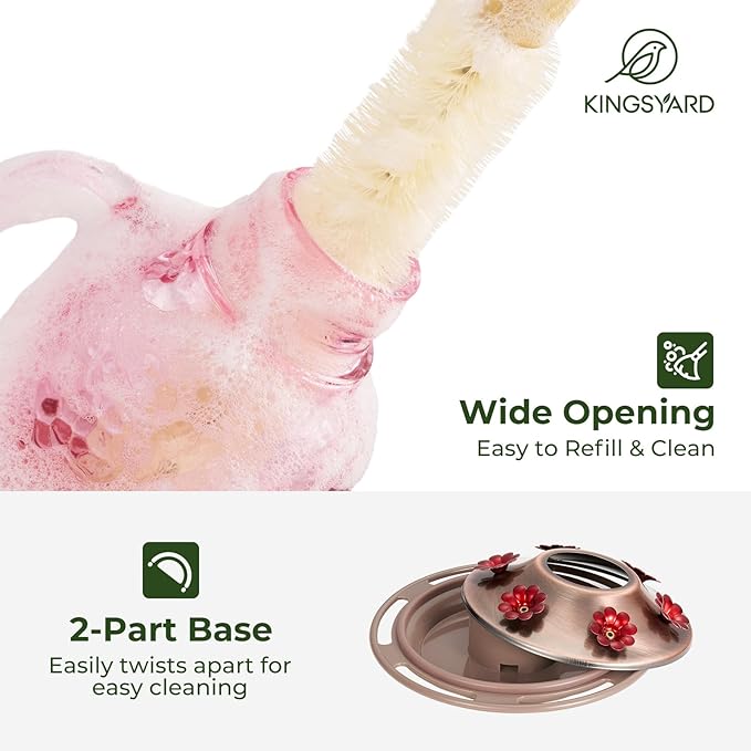 Kingsyard Glass Hummingbird Feeders for Outdoors, 16 Oz Wild Bird Feeder 6 Feeding Ports & Ant Moat Included, Hanging Bird Nectar Feeder for Garden Tree Yard Outside Decoration, Pink