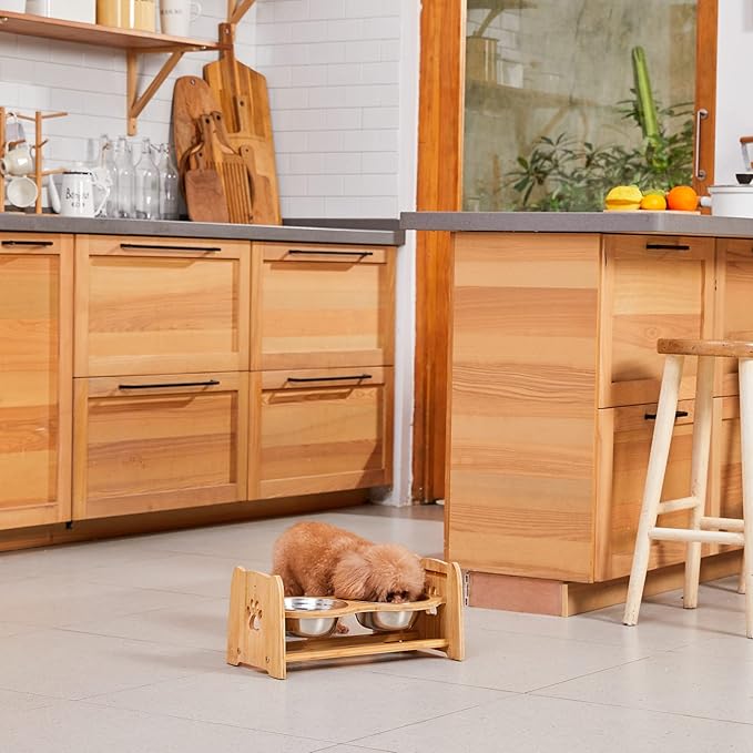 X-ZONE PET Elevated Dog Bowls for Cats and Dogs, Adjustable Bamboo Raised Dog Bowls for Medium Dog, Food and Water Set Stand Feeder with 2 Stainless Steel Bowls and Anti Slip Feet (Height 4.7" to 7")
