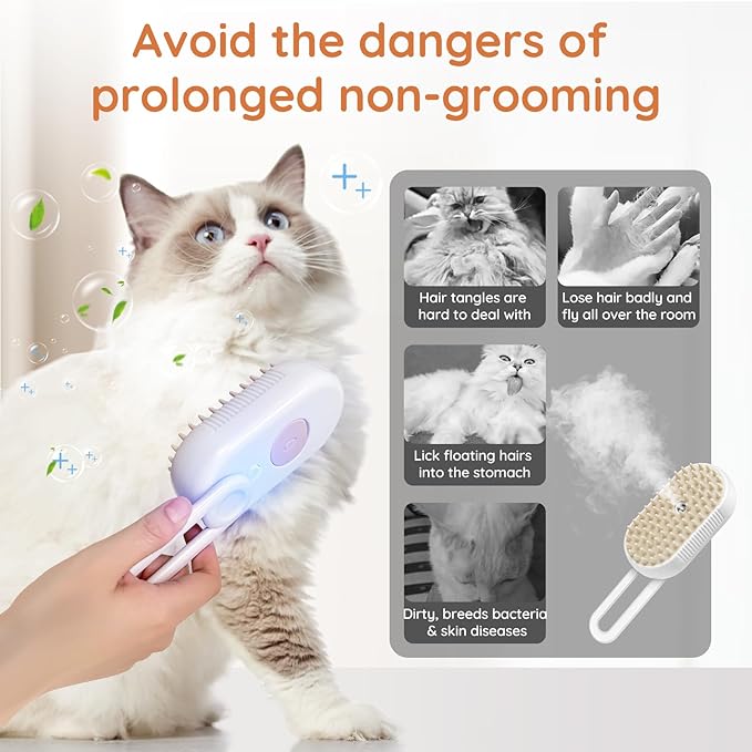 GKZ Cat Steam Brush, 3 in 1 Pet Comb for Massage, Cleaning, Shedding and Combing, Electric Mist to Prevent Flyaways for Home, Dogs and Cat Lovers - White
