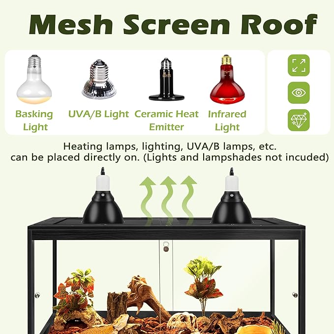 Prolee Tempered Glass Beard Dragon Tank 37 Gallons,Reptile Encloure and Snake Tank with Metal Mesh Roof Door,Locking Design Reptile Tank for Lizard,Gecko,Chameleon (32"X16"X16",Black)