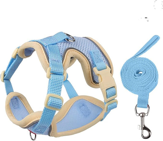 Cat Harness and Leash Set for Walking – Escape-Proof Reflective Vest for Cats and Small Dogs, Adjustable Soft Air Mesh with Pressure-Reducing Design, 4.92ft (Light Brown & Blue, L)