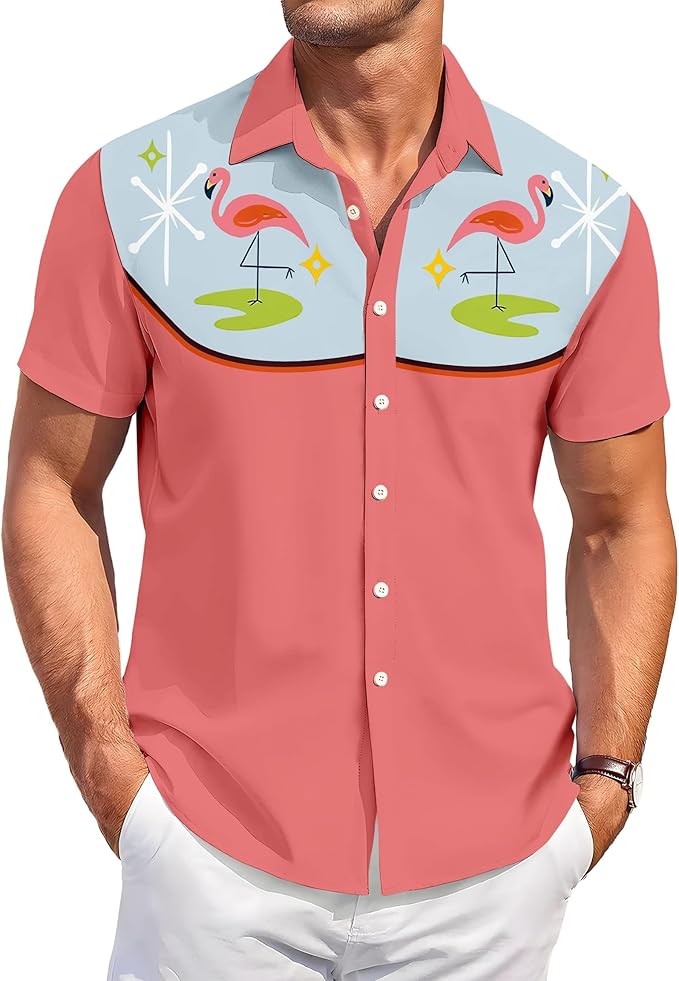 Men’s Hawaiian Shirt Western Cowboy Symmetrical Print Short Sleeve Button Down Casual Beach Holiday Summer Shirt
