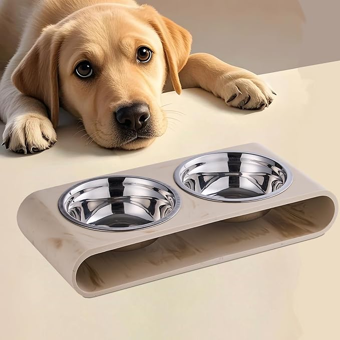 Beige Marble Elevated Dog Bowls Set - 2 Thick 6" Stainless Steel Puppy Food Bowl with Non-Slip Raised Holder Stand, Double Feeding Bowls for Food and Water, Suitable for Cats and Small Medium Pet
