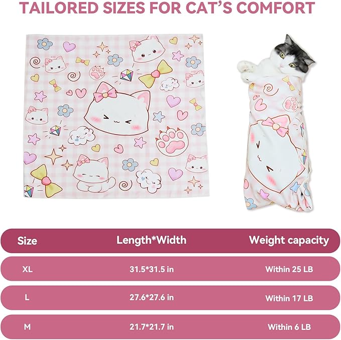 Cat Grooming Wrap for Cutting Nails, 31.5" Anti-Escape Calming Cat Swaddle Wrap for Medicine, Nail Clipping, Teeth Brushing, Ear Cleaning, Self-Adherent Burrito Restraint, (Happy Kitty, XL)