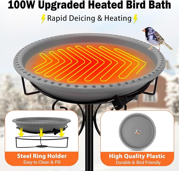 Daoeny Heated Bird Bath for Winter, 100W Heated Bird Baths for Outdoors Thermostat Control with 5-Prong Metal Base, Heated Bird Bath for Outside Winter Garden Patio Yard Lawn (Grey)