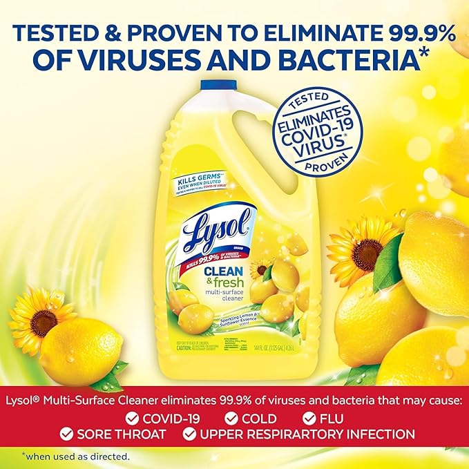 Lysol Multi-Surface Cleaner, Sanitizing and Disinfecting Pour, to Clean and Deodorize, Sparkling Lemon and Sunflower Essence, 144 Fl Oz