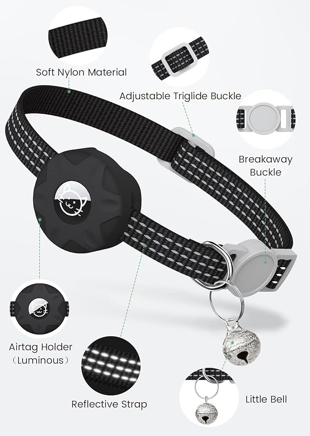 Apple AirTag Cat Collar, GPS Tracker Kitten Collar with Breakaway Feature and Bell, Lightweight for Cats and Kittens (Black)