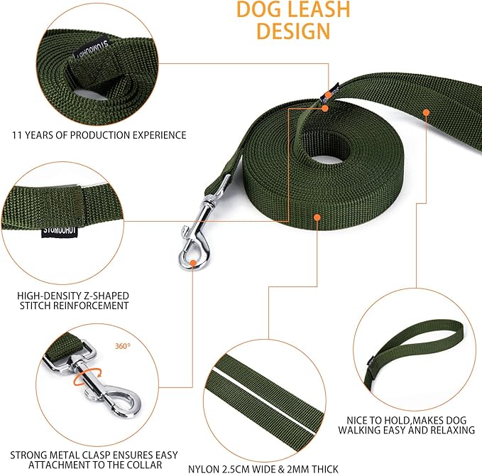 Strong Durable Nylon Dog Training Leash, 1 Inch Wide Traction Rope, 6 ft 10ft 15ft Long, for Small and Medium Dog (Military Green, 15 Feet)