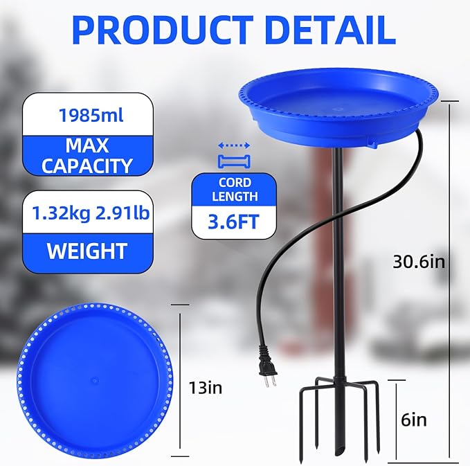 Heated Bird Bath for Outdoors for Winter, 75W Bird Bath Water Heater Bird Bath Deicer,Deep Bowl Thermostatic Control Weather Resistance Available with Stable Metal Pole for All Seasons(Blue)