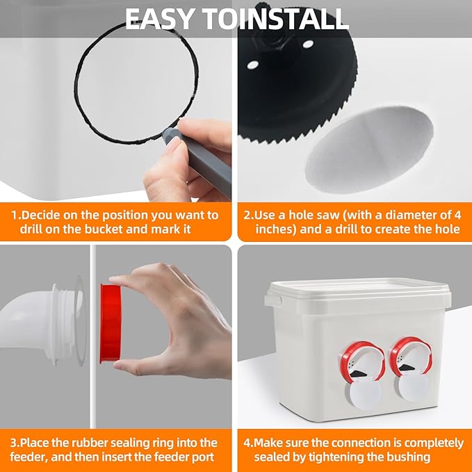 XKV Chicken Feeders Upgrade,AdjustableAutomatic Poultry Feeder with Covers,No Waste Design,Gravity Feed Kit for Buckets Barrels Bins Troughs,with 4 Chicken Feeders Ports and 1 Hole Saw