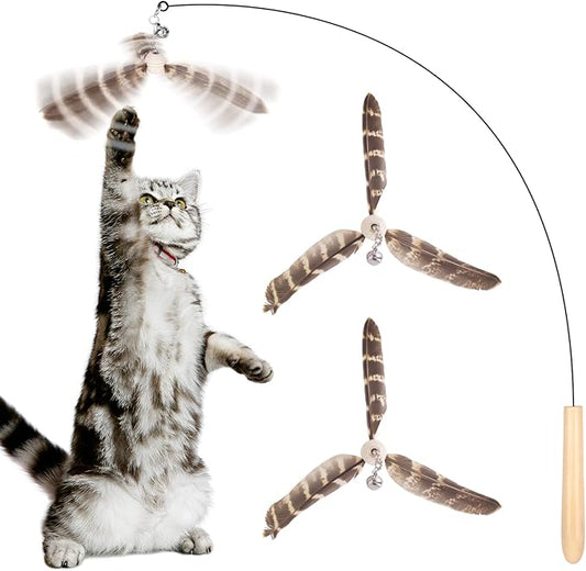 Cat Toys Interactive for Indoor Cats, Cat Wand Toys with 3 Feather Refills, Sturdy Wood Handle with Flexible Steel Wire for Kitten, Feather Toys Refills for Bored Indoor Adult Cats