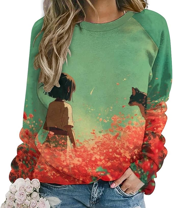 Long Sleeve Shirts for Women Cat Oil Painting Shirt 3D Graphic Sweatshirts Fall Pullover Crewneck Vintage Boho Tops
