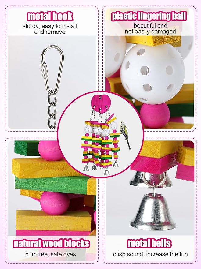 MEWTOGO Bird Toys - Edible Parrots Cage Chew Toy Gift with Bells and Safe Colorful Wood Blocks Beads for Macaws African Grey and Amazon Parrots (Peach Style)
