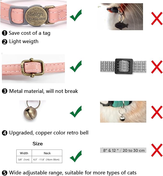 Cat Collar Breakaway, Personalized Leather Cat Collar with Bells-Adjustable Customized Collar with Name & Phone Number Tag for Girl Boy Cats -Quick Release Buckle for Cats & Kittens (Pink)