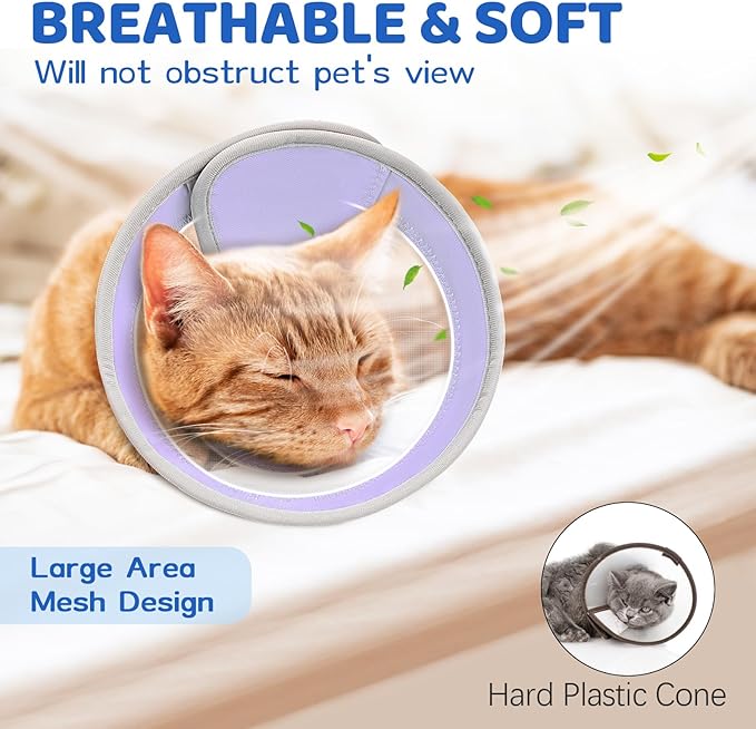 Breathable Air Mesh Cat Cone Collar Soft to Stop Licking, Adjustable, Foldable Lightweight Kitten Cones After Surgery Recovery for Cats & Kittens (Light Purple, S)