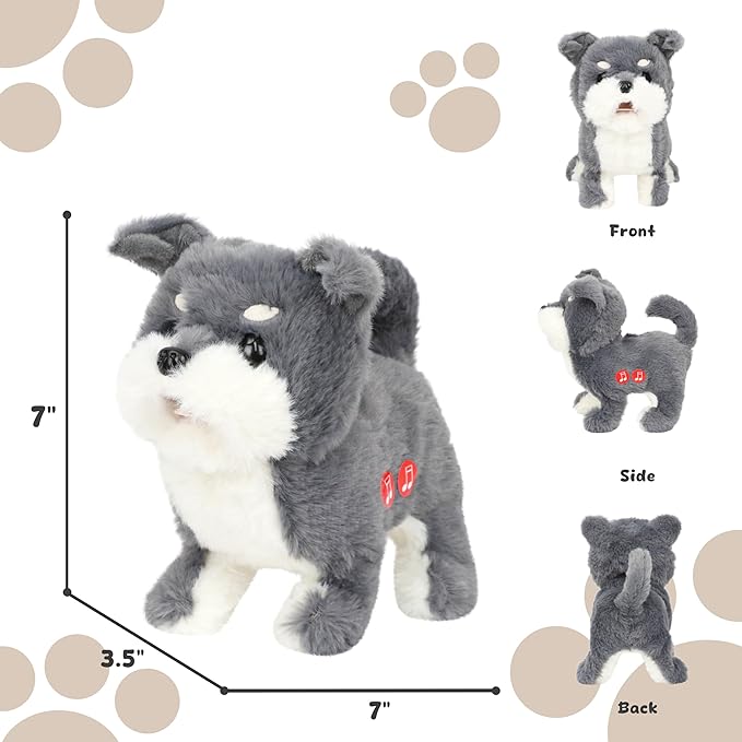 Easfan Electric Walking Plush Dog Toy Interactive Talking Musical Plush Toy Grey Puppy Birthday Gifts for Kids Toddlers,7"