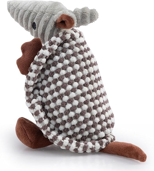 Hollypet Plush Dog Squeaky Toy Stuffed Armadillo Animal Pet Puppy Chew Toys with Clean Teeth for Small Medium Large All Breed Sizes Dogs, White and Light Grey,8 in