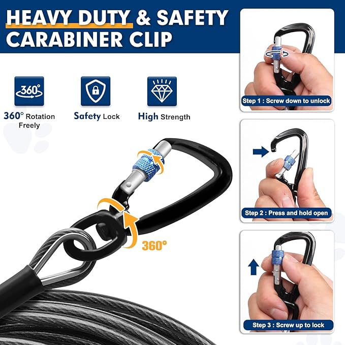 Snagle Paw Dog Leads for Yard 50FT-1000LBS Break Strength,Heavy Duty Tie Out Cable for Dogs with Swivel Lockable Hook & Spring,Chew Proof Dog Chain for Outside,Dog Run Cable for Medium Large Dogs