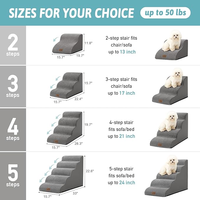 Dog Stairs for Small Dogs 15.7" H, Curved Dog Step for Puppy, Older Cat, Medium Pet Ramp for Sofa, Couch or Chair, Ladder with High Density Foam, 15.7x22.4x15.7 inch, 3 Step, Light Grey