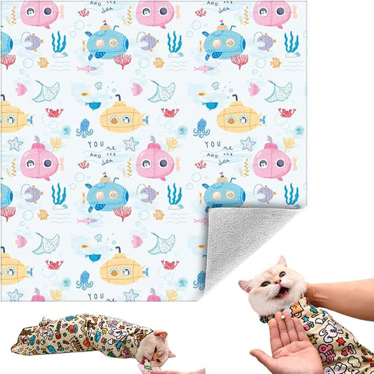 Cat Grooming Wrap, Self-Adherent Soft Cat Blanket to Wrap, Nail Clipping, Anti-Bite, Anti-Scratch, Anti-Escape Calming Wrap (Ocean, 10-13 lbs)