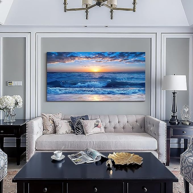 Lapremoly Large Wall Art For Living Room Canvas Wall Decor For Office Bedroom Wall Decorations Blue Ocean Beach Wall Painting Sunny Sea View Wave Wall Pictures Artwork Hotel Home Decor 30" X 60"