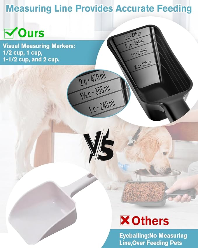 2 Cup Dog Food Scoop(2 Pack), Plastic Pet Food Scoop with Measuring Lines for Accurate Pet Food Portions,Dishwasher Safe (Black and Blue)