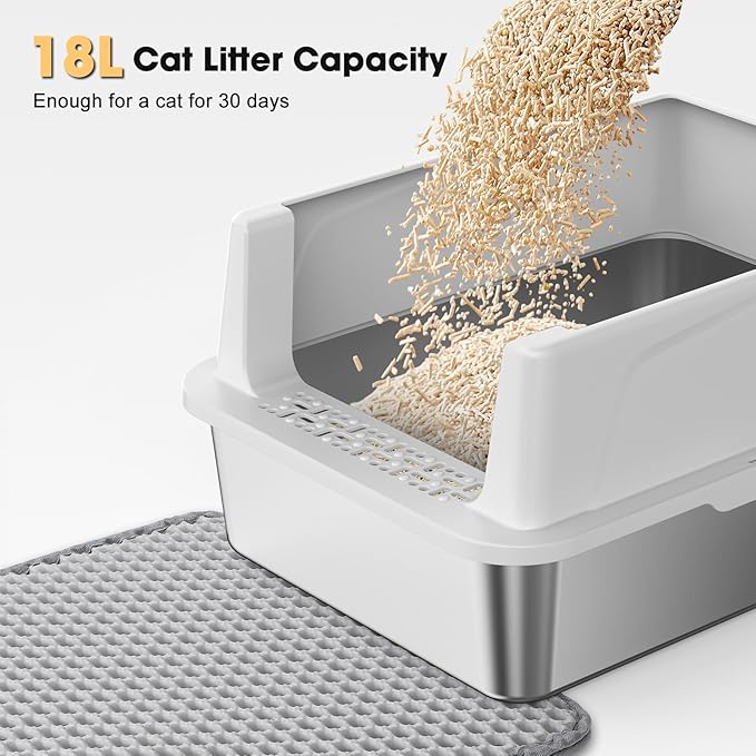 FURTIME Stainless Steel Cat Litter Box with Lid – High-Sided Metal Litter Pan for Small Cats, Kitty Litter Box Non-Stick, Odor-Resistant, Anti-Urine Leakage, Easy to Clean, Includes Scoop and Mat