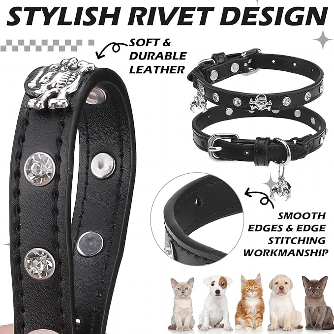 EXPAWLORER Halloween Leather Cat Collar - Adjustable Pet Collar with Rivet Spike for Girl Boy Cats, Punk Accessories with Bell & Durable D-Ring,White Diamond Skull